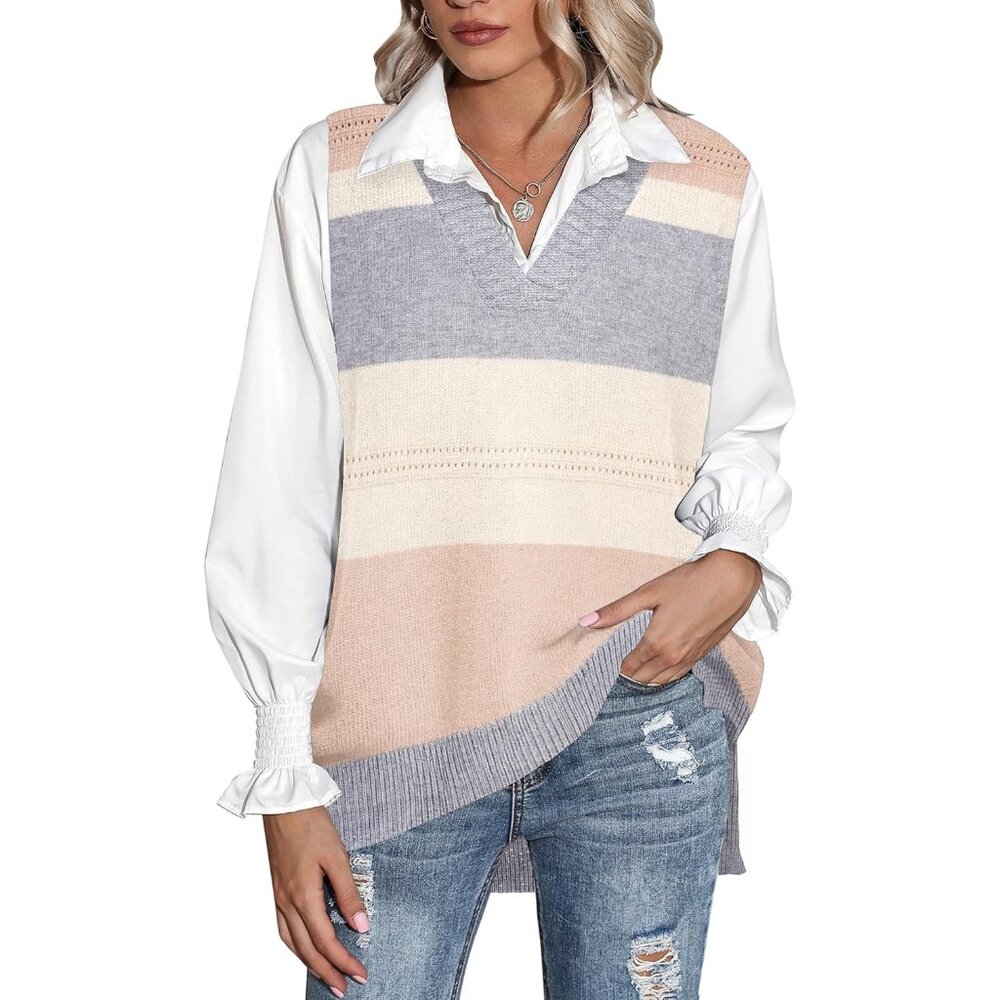 Women Block Beige Sweater Vest Sleeveless V Neck Oversized Knitted Pullover Fall